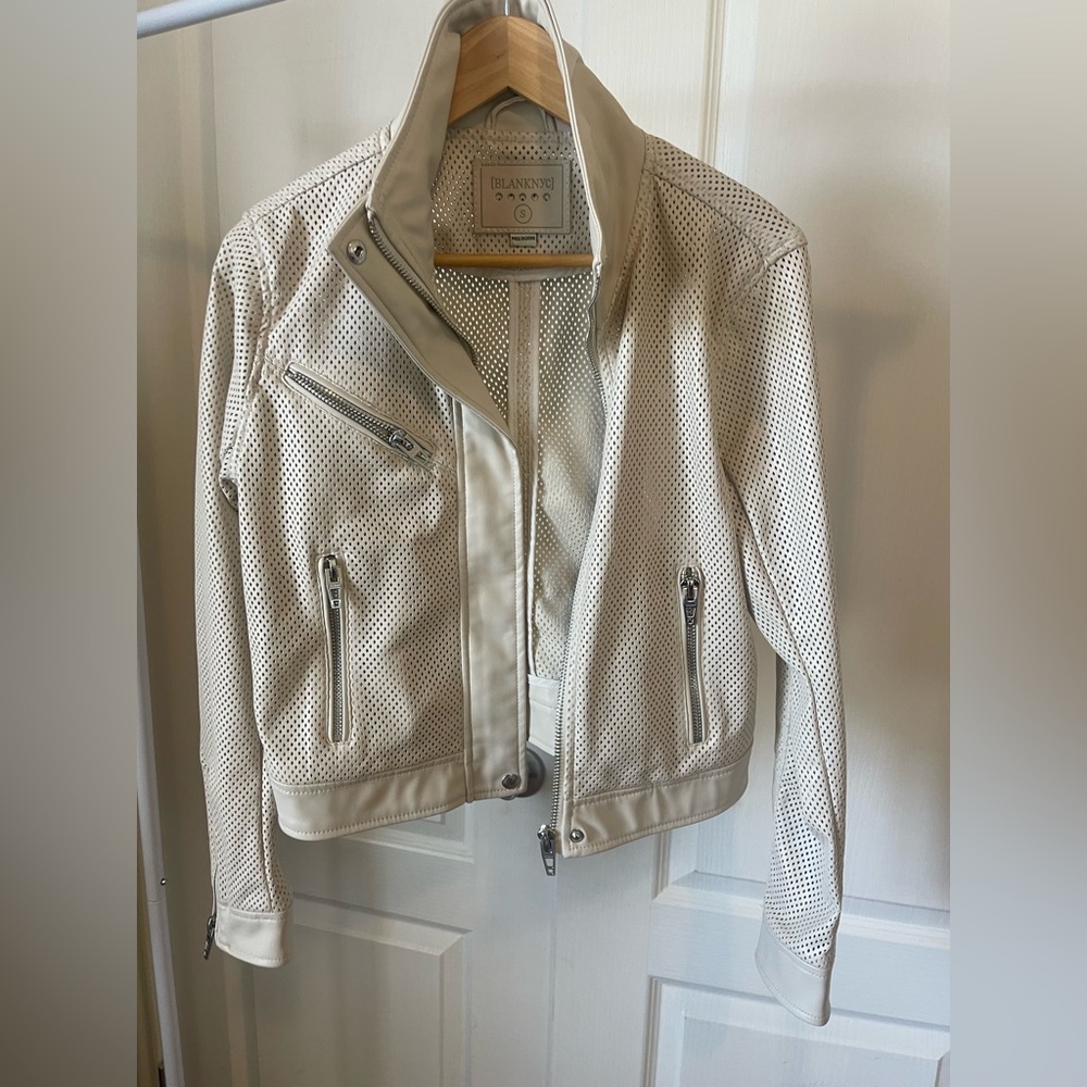 BLANK NYC Faux leather Motto Jacket. Nude color & Mesh design.